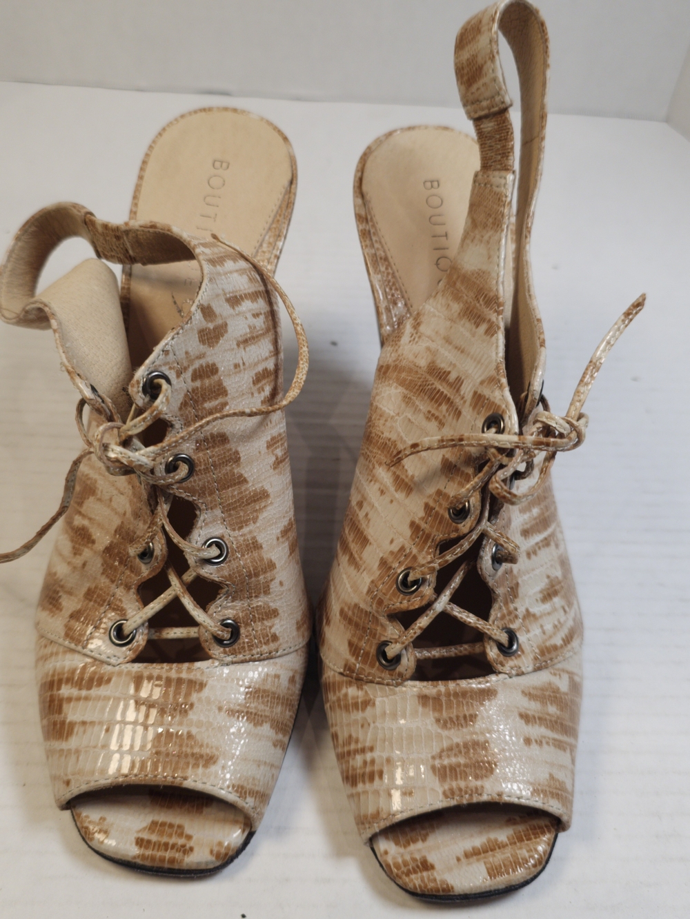 Boutique 9 Animal Print Leather Wedge Sandals in Brown & Cream